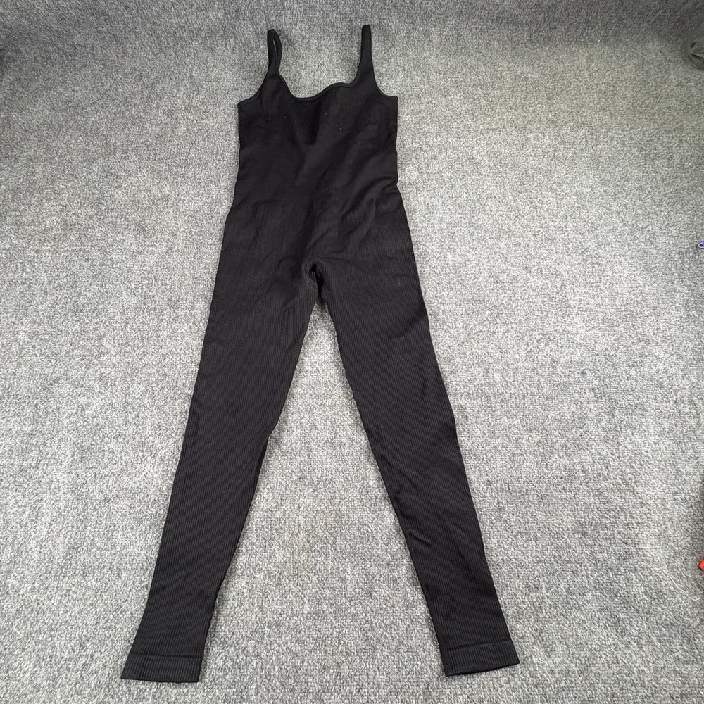 OQQ Bodysuit Women's M Black Ribbed Unitard Sculpting Athleisure Yoga Pilates